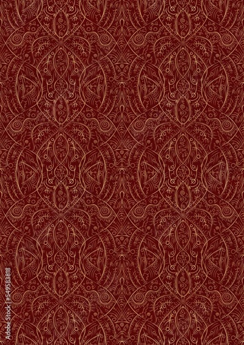 Hand-drawn unique abstract symmetrical seamless gold ornament on a deep red background. Paper texture. Digital artwork, A4. (pattern: p08-2e)