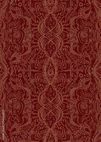 Hand-drawn unique abstract symmetrical seamless gold ornament on a deep red background. Paper texture. Digital artwork, A4. (pattern: p09d)