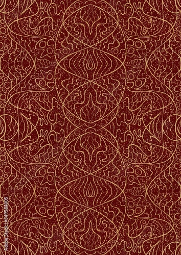 Hand-drawn unique abstract symmetrical seamless gold ornament and splatters of golden glitter on a deep red background. Paper texture. Digital artwork, A4. (pattern: p02-2d)