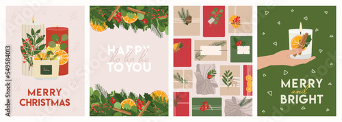 Set of Merry Christmas greeting cards with candles, hands, gifts, greenery and lettering wishes. New Year, Christmas templates. Zero waste eco gifts. Hand drawn vector illustration.