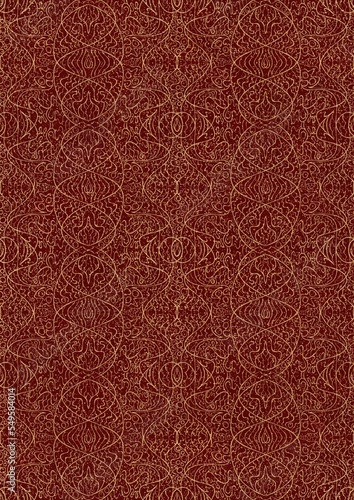 Hand-drawn unique abstract symmetrical seamless gold ornament and splatters of golden glitter on a deep red background. Paper texture. Digital artwork, A4. (pattern: p02-2e)