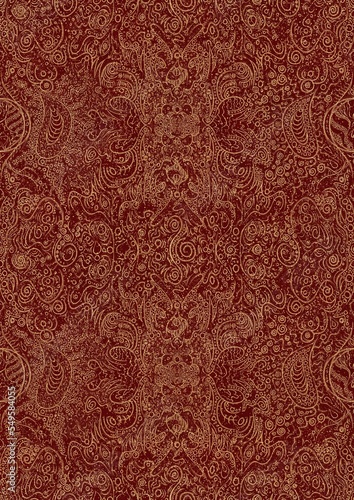 Hand-drawn unique abstract symmetrical seamless gold ornament and splatters of golden glitter on a deep red background. Paper texture. Digital artwork, A4. (pattern: p04d)