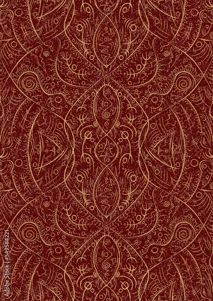 Hand-drawn unique abstract symmetrical seamless gold ornament and splatters of golden glitter on a deep red background. Paper texture. Digital artwork, A4. (pattern: p08-2d)