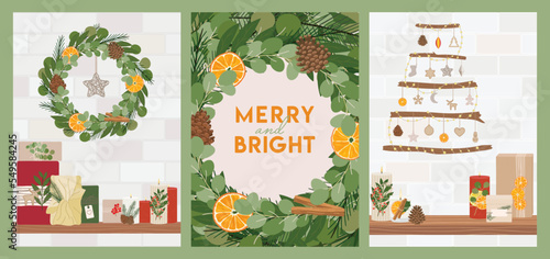 Set of Merry Christmas greeting cards with candles, gifts, greenery. New Year, Merry and Bright Christmas posters, templates. Zero waste eco gifts. Hand drawn vector illustration.