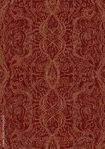 Hand-drawn unique abstract symmetrical seamless gold ornament and splatters of golden glitter on a deep red background. Paper texture. Digital artwork, A4. (pattern: p09d)
