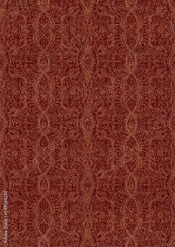 Hand-drawn unique abstract symmetrical seamless gold ornament and splatters of golden glitter on a deep red background. Paper texture. Digital artwork, A4. (pattern: p09e)