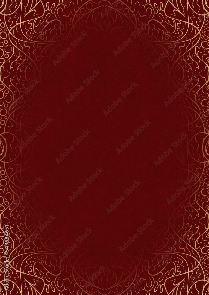 Deep red textured paper with vignette of golden hand-drawn pattern. Copy space. Digital artwork, A4. (pattern: p02-2d)