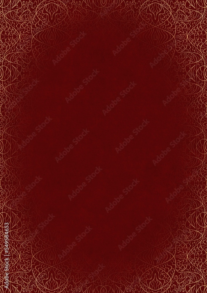 Deep red textured paper with vignette of golden hand-drawn pattern. Copy space. Digital artwork, A4. (pattern: p02-2e) Deep red textured paper with vignette of golden hand-drawn pattern. Copy space. Digital artwork, A4. (pattern: p02-2e)
