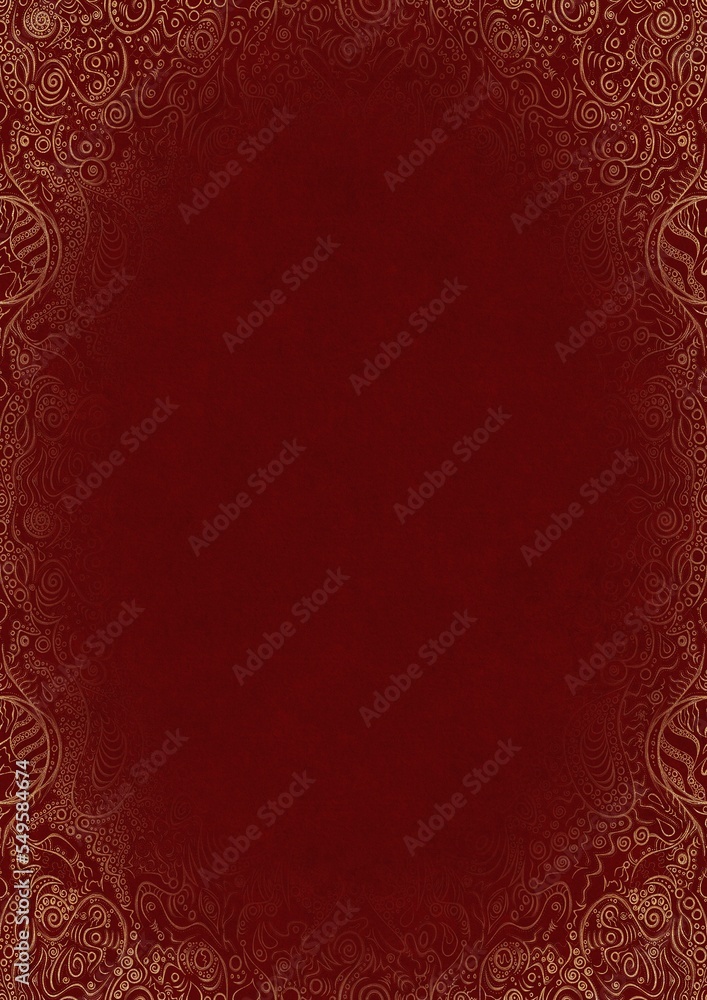 Deep red textured paper with vignette of golden hand-drawn pattern. Copy space. Digital artwork, A4. (pattern: p04d) Deep red textured paper with vignette of golden hand-drawn pattern. Copy space. Digital artwork, A4. (pattern: p04d)
