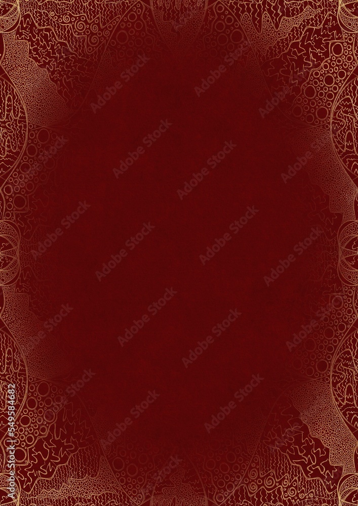 Deep red textured paper with vignette of golden hand-drawn pattern. Copy space. Digital artwork, A4. (pattern: p05d) Deep red textured paper with vignette of golden hand-drawn pattern. Copy space. Digital artwork, A4. (pattern: p05d)