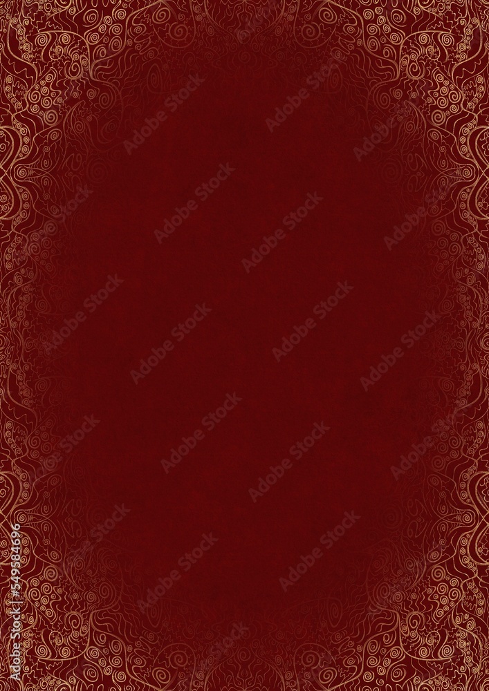 Deep red textured paper with vignette of golden hand-drawn pattern. Copy space. Digital artwork, A4. (pattern: p06d) Deep red textured paper with vignette of golden hand-drawn pattern. Copy space. Digital artwork, A4. (pattern: p06d)