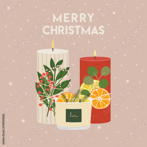 Merry Christmas greeting card with scented soy, paraffin wax candles with dried oranges, winter greenery. New Year, Merry Christmas posters. Zero waste eco gifts. Hand drawn vector