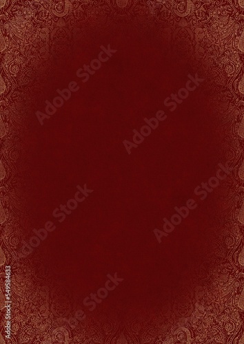 Deep red textured paper with vignette of golden hand-drawn pattern. Copy space. Digital artwork, A4. (pattern: p01e)