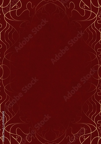Deep red textured paper with vignette of golden hand-drawn pattern. Copy space. Digital artwork, A4. (pattern: p02-1d)