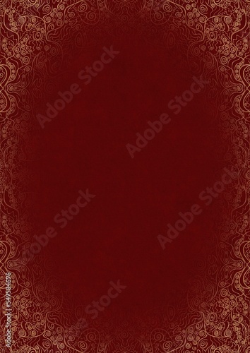 Deep red textured paper with vignette of golden hand-drawn pattern. Copy space. Digital artwork, A4. (pattern: p06d)