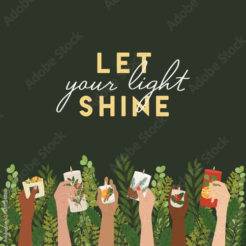 Merry Christmas greeting card with female hands with scented candles on winter greenery background. Let your light shine Christmas posters. Zero waste eco gifts. Hand drawn vector