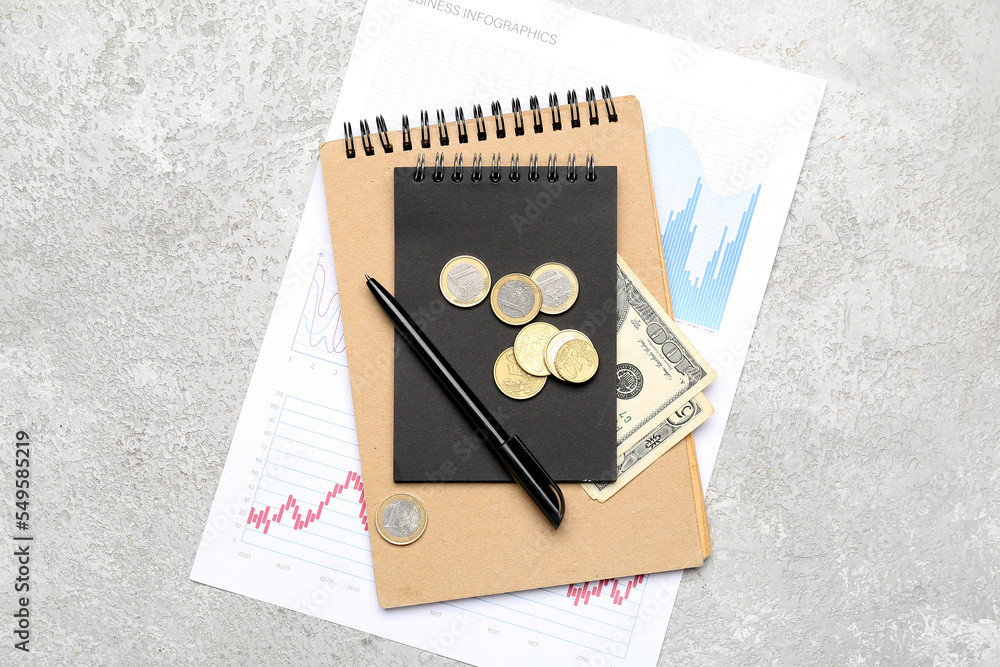 Obraz premium Notebooks with money and diagrams on grunge background. Budget concept