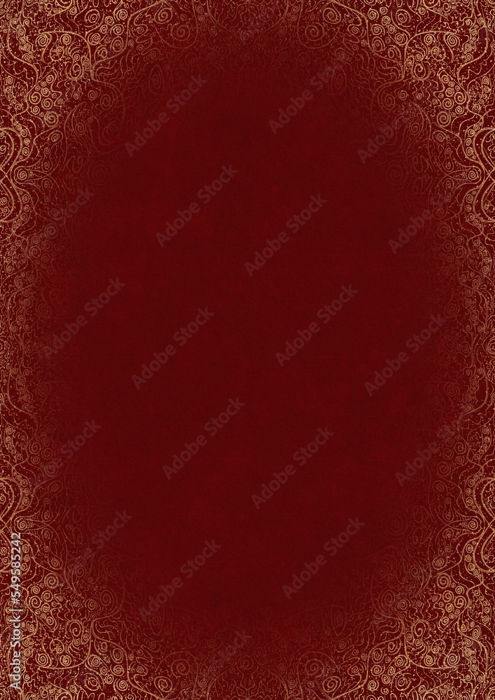 Deep red textured paper with splatters of golden glitter and vignette of golden hand-drawn pattern. Copy space. Digital artwork, A4. (pattern: p06d) Deep red textured paper with splatters of golden glitter and vignette of golden hand-drawn pattern. Copy space. Digital artwork, A4. (pattern: p06d)