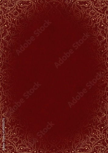 Deep red textured paper with splatters of golden glitter and vignette of golden hand-drawn pattern. Copy space. Digital artwork, A4. (pattern: p07-2d)