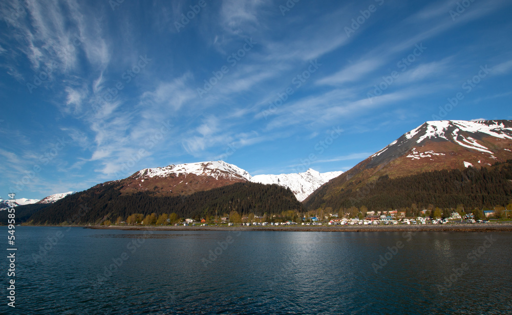 Naklejka premium Kenai Mountains and clouds around Resurrection Bay on the Kenai Peninsula in Seward Alaska United States
