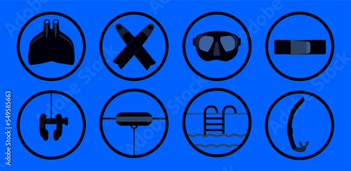 freediving icons, vector freediving equipment: monofin, bi-fins, mask, dive belt, nose clip, indoor freediving, outdoor freediving, snorkel, blue background, diving illustrations
