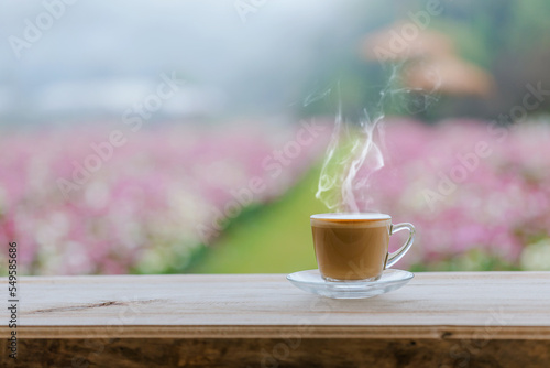 Cup of coffee on wood table red flowers park background.