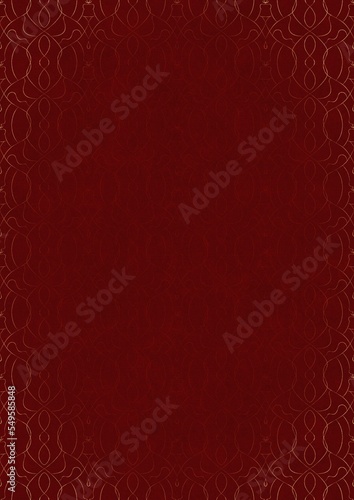 Hand-drawn unique abstract ornament. Light red on a deep red background, with vignette of same pattern in golden glitter. Paper texture. Digital artwork, A4. (pattern: p08-1f)