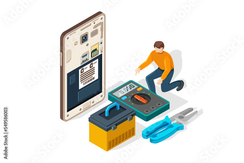 Smartphone repair service vector illustration. Disassembled smartphone in isometric view. Mobile phone repair process.