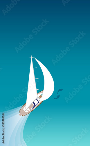 大きな白い帆の帆船セイルボートがきれいな青い海をイルカと一緒に快適に航海しているイラスト