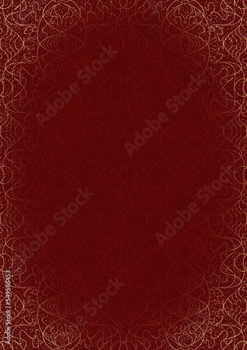 Hand-drawn unique abstract ornament. Light red on a deep red background, with vignette of same pattern and splatters in golden glitter. Paper texture. Digital artwork, A4. (pattern: p02-1e)
