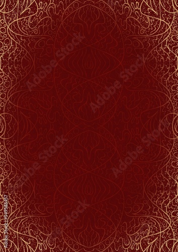 Hand-drawn unique abstract ornament. Light red on a deep red background, with vignette of same pattern and splatters in golden glitter. Paper texture. Digital artwork, A4. (pattern: p02-2d)