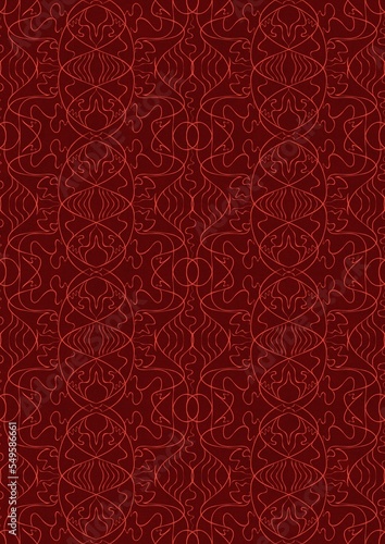 Hand-drawn unique abstract symmetrical seamless ornament. Bright red on a deep red background. Paper texture. Digital artwork, A4. (pattern: p02-1e)