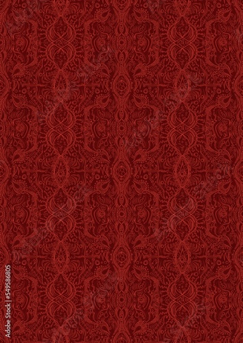 Hand-drawn unique abstract symmetrical seamless ornament. Bright red on a deep red background. Paper texture. Digital artwork, A4. (pattern: p09e)
