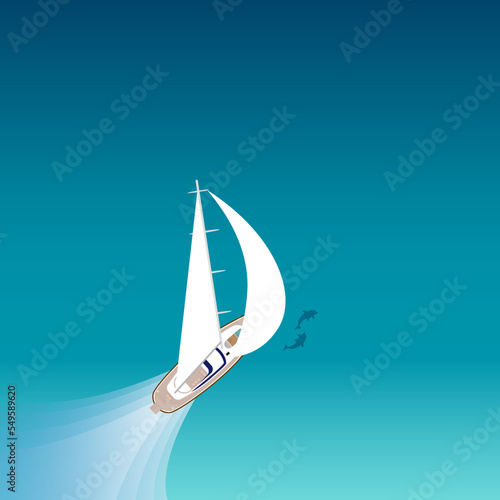 大きな白い帆の帆船セイルボートがきれいな青い海をイルカと一緒に快適に航海しているイラスト