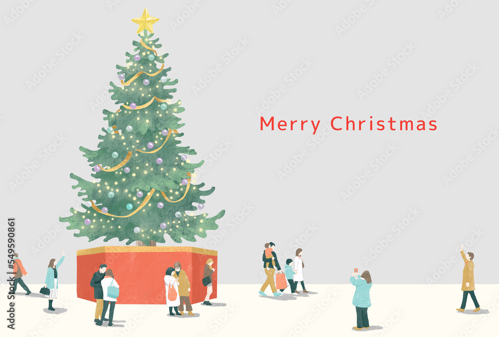 街の大きなクリスマスツリーと雪と家族やカップルなどの人々_Christmas tree and many people 街の大きなクリスマスツリーと雪と家族やカップルなどの人々_Christmas tree and many people