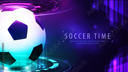 Football ball inside blue and pink digital hologram in dark scene. Digital purple sport background with soccer ball