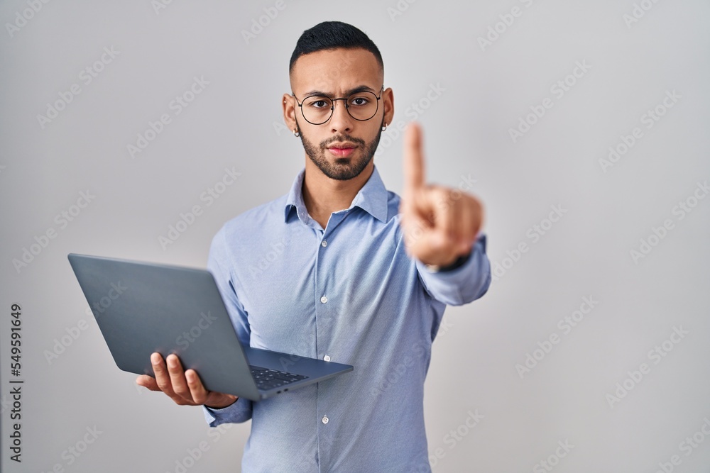 Young hispanic man working using computer laptop pointing with finger up and angry expression, showing no gesture Young hispanic man working using computer laptop pointing with finger up and angry expression, showing no gesture