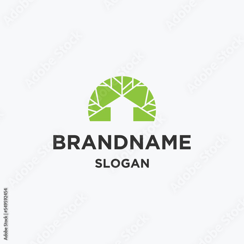 Eco home logo design. Abstract tree home line icon. Forest cabin nature emblem. Sustainable building symbol. Vector illustration.