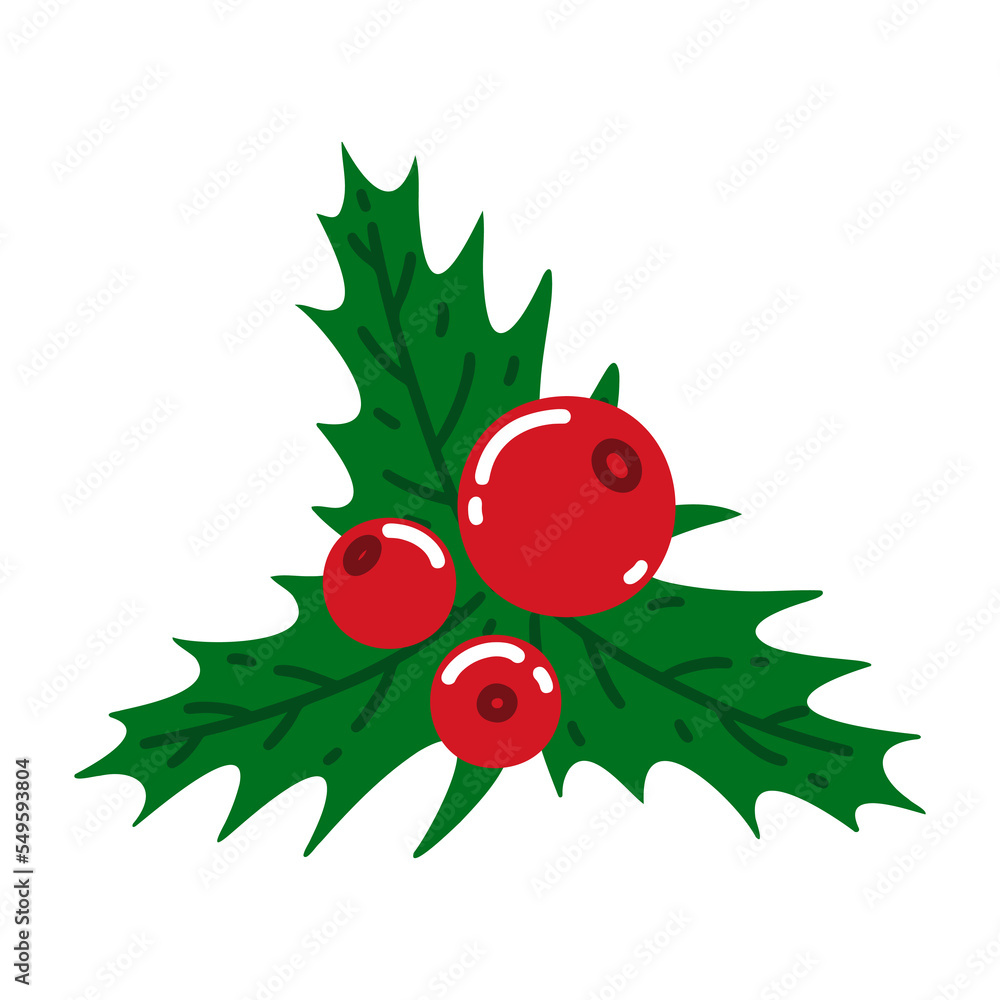 Holly tree branch with red berries, veiny leaves. Sprig of Christmas mistletoe. Bright festive plant. Simple vector icon isolated on white. Flat cartoon clipart for prints, posters, holiday cards Holly tree branch with red berries, veiny leaves. Sprig of Christmas mistletoe. Bright festive plant. Simple vector icon isolated on white. Flat cartoon clipart for prints, posters, holiday cards