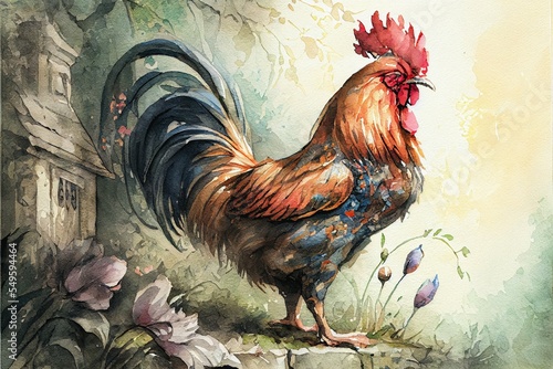 Valokuvatapetti rooster on the garden farm colorful watercolor