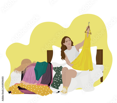 Young woman unpacking suitcase for vacation in bedroom