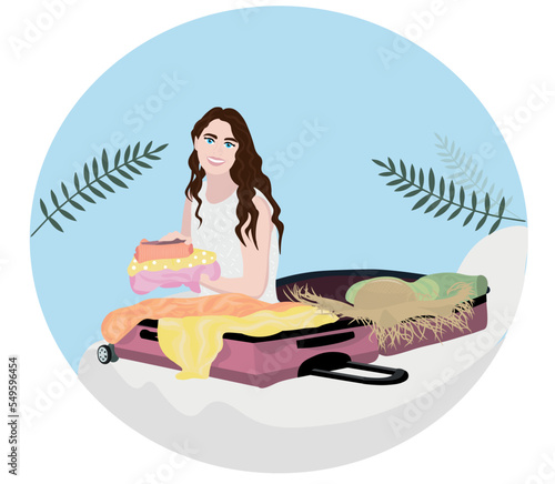 Young woman unpacking suitcase for vacation in bedroom