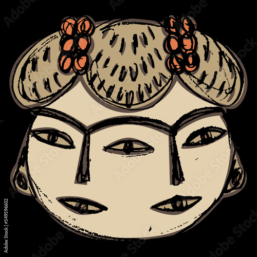 Fantastic human head with two faces. Ancient Mexican goddess from Tlatilco. Native American mythology. Hand drawn colorful rough sketch. On black background.