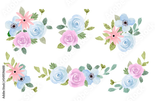 blue pink floral arrangement watercolor