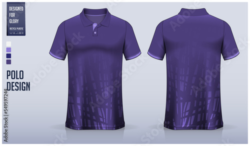 Violet polo shirt mockup template design for soccer jersey, football kit, golf, tennis, sportswear. Abstract pattern.