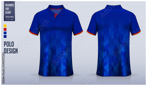 Blue polo shirt mockup template design for soccer jersey, football kit, golf, tennis, sportswear. Geomatic pattern.