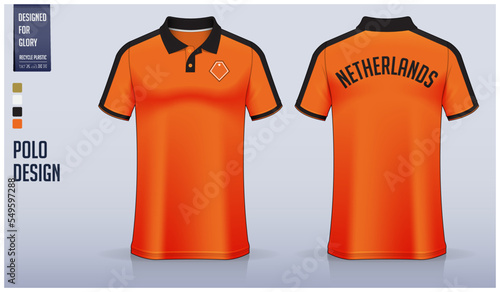 Orange polo shirt mockup template design for soccer jersey, football kit, golf, tennis, sportswear. Netherlands pattern.