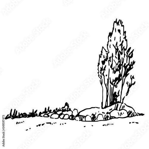 Landscape with tree. Megalithic Leer Passage Grave in Hünengrab, Germany. Lüneburg Heath, Saxony. Hand drawn linear doodle rough sketch. Black silhouette on white background.