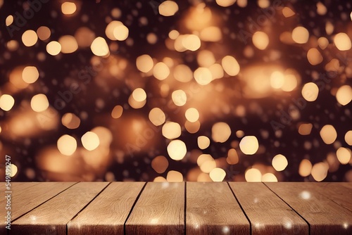 vintage christmas background with snowflakes defocused blurred christmas lights bokeh background and wooden table