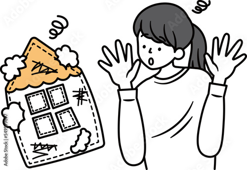 傷んだ家のぬいぐるみを見て困っているアジア人女性のイラスト素材
